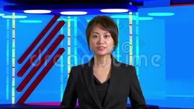亚洲女<strong>新闻主播</strong>在虚拟电视工作室，原创设计元素